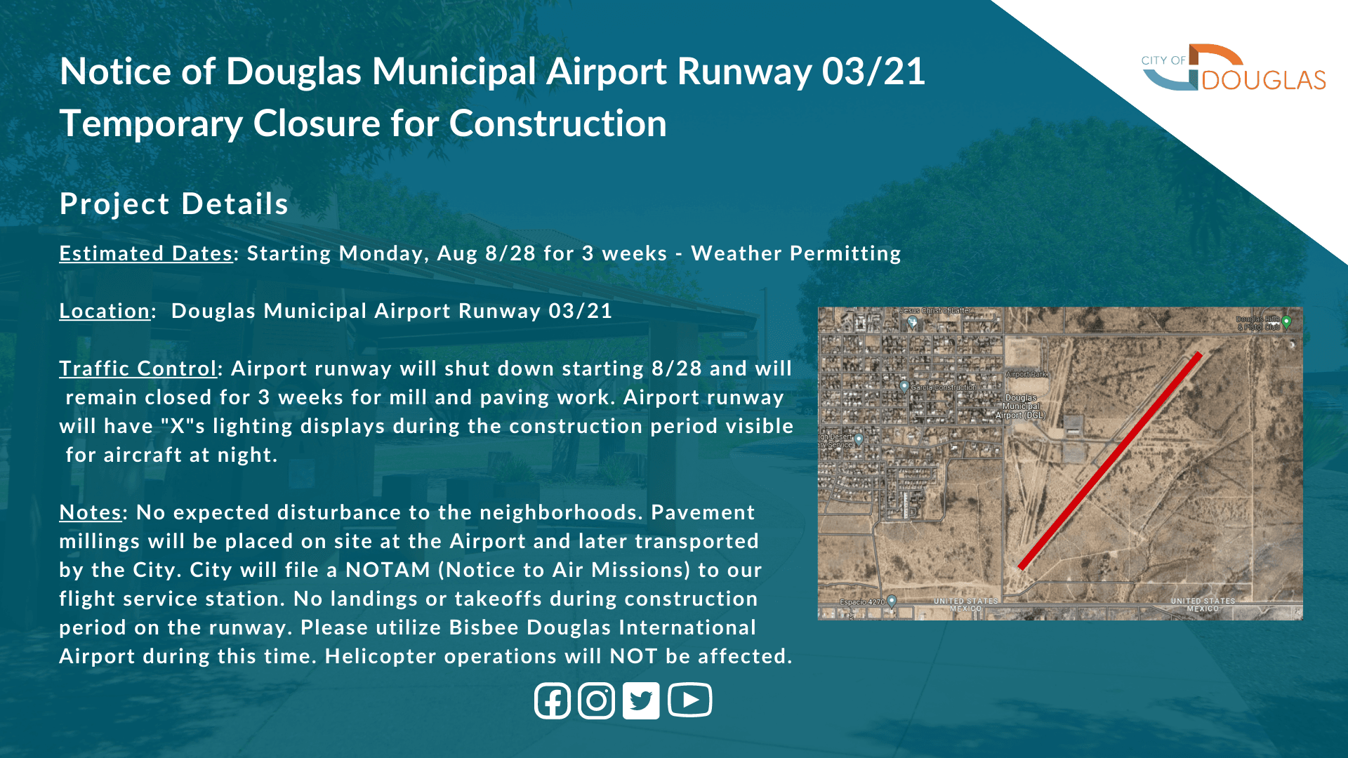 Notice of Douglas Municipal Airport Runway 03/21 Temporary Closure for Construction