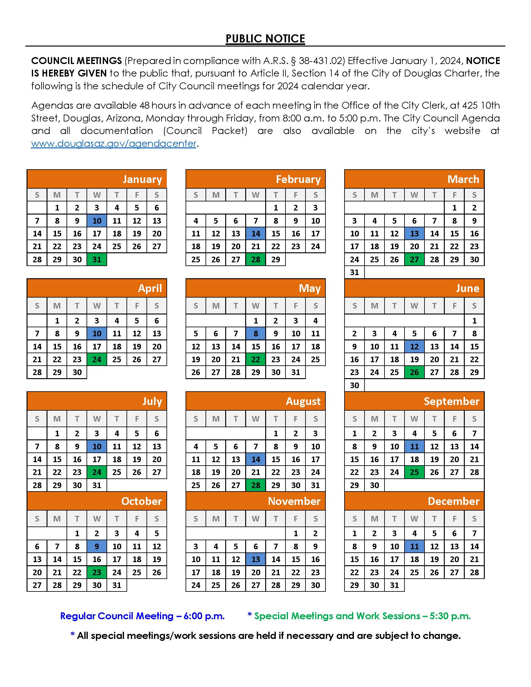 Council Mtgs Annual Calendar 2024